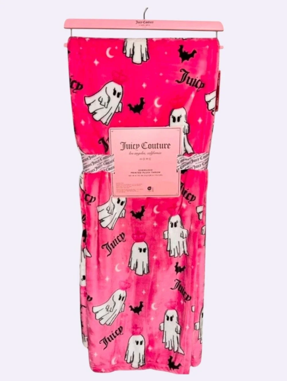💕▪️Juicy Couture ▪️Hot Pink Ghost Print Plush Throw/ Hallooween Blanket .